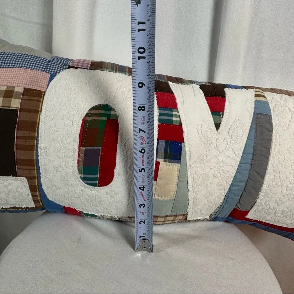 Log Cabin Quilt‎ Up Cycled into a LOVE Pillow with White and Multicolor Design